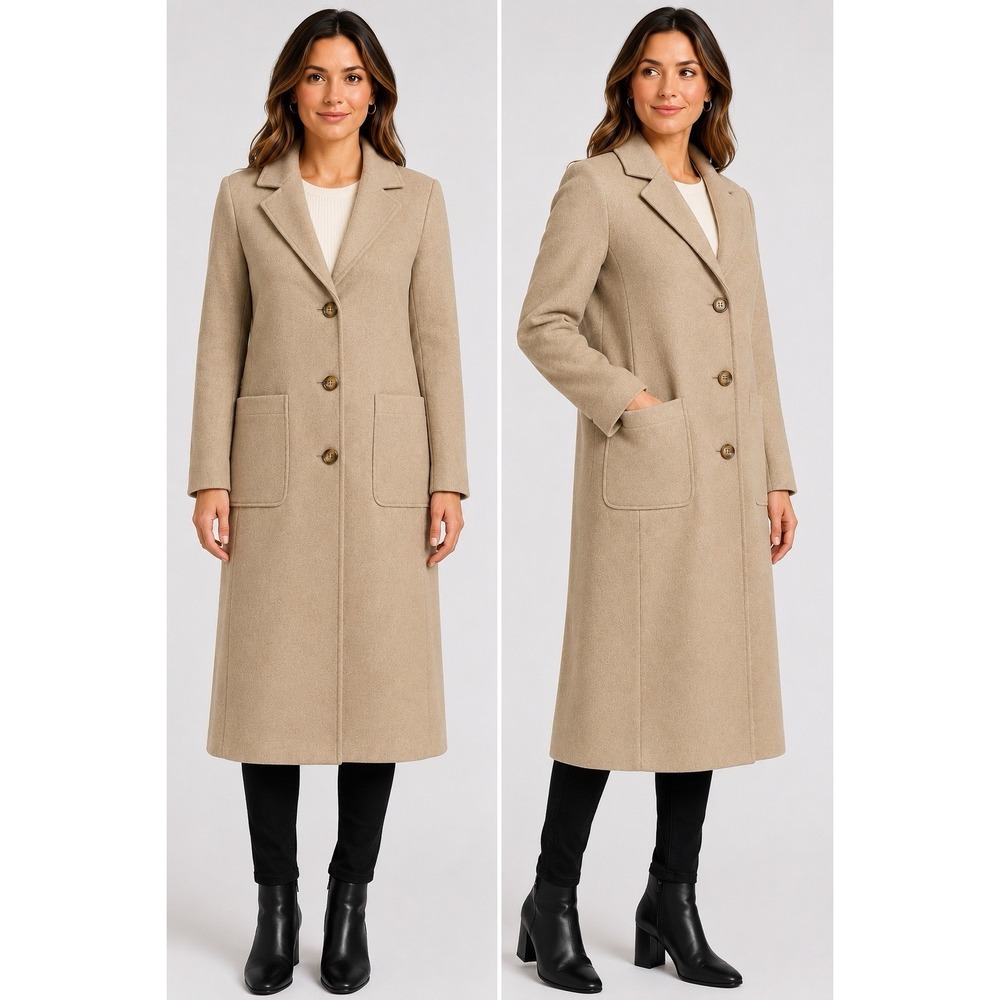 A New Day Women's Camel Long Coat Medium NWT 3 Button Lined Patch Pocket 47"